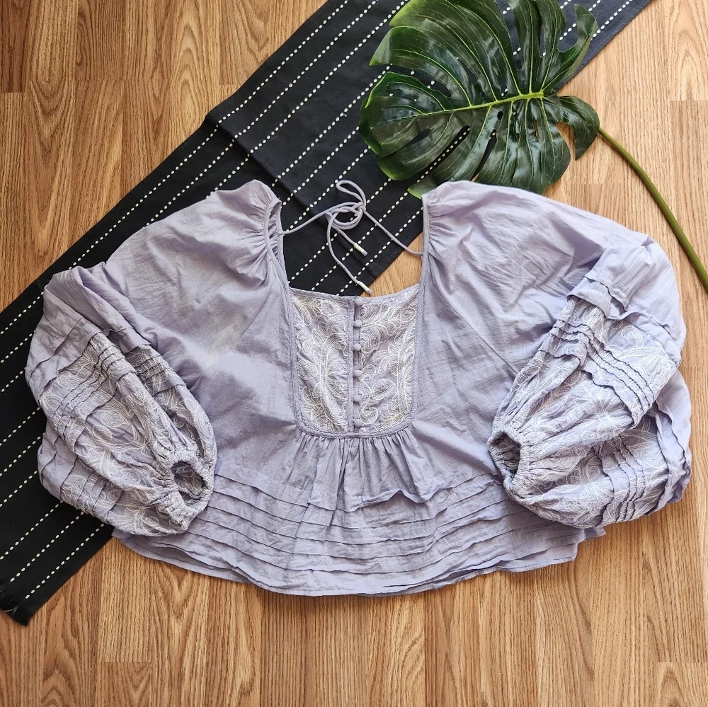 By Anthropolgie Lace Babydoll Embroidered Blouse Lavender Purple Size XL - Picture 2 of 8